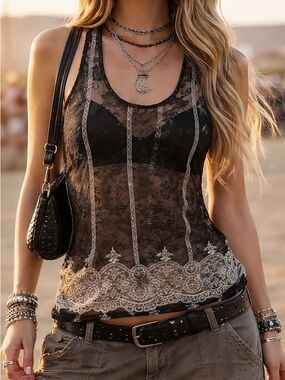 Vintage Sheer Lace Tank Top M Black White Grunge Goth Y2K Festival Layering USA